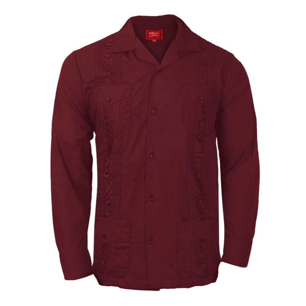 Men's Long Sleeve Guayabera Cuban Beach Wedding Button-Up Dress Shirt Burgundy